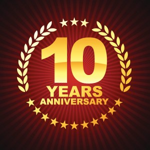 Vector of golden anniversary emblem for ten years.